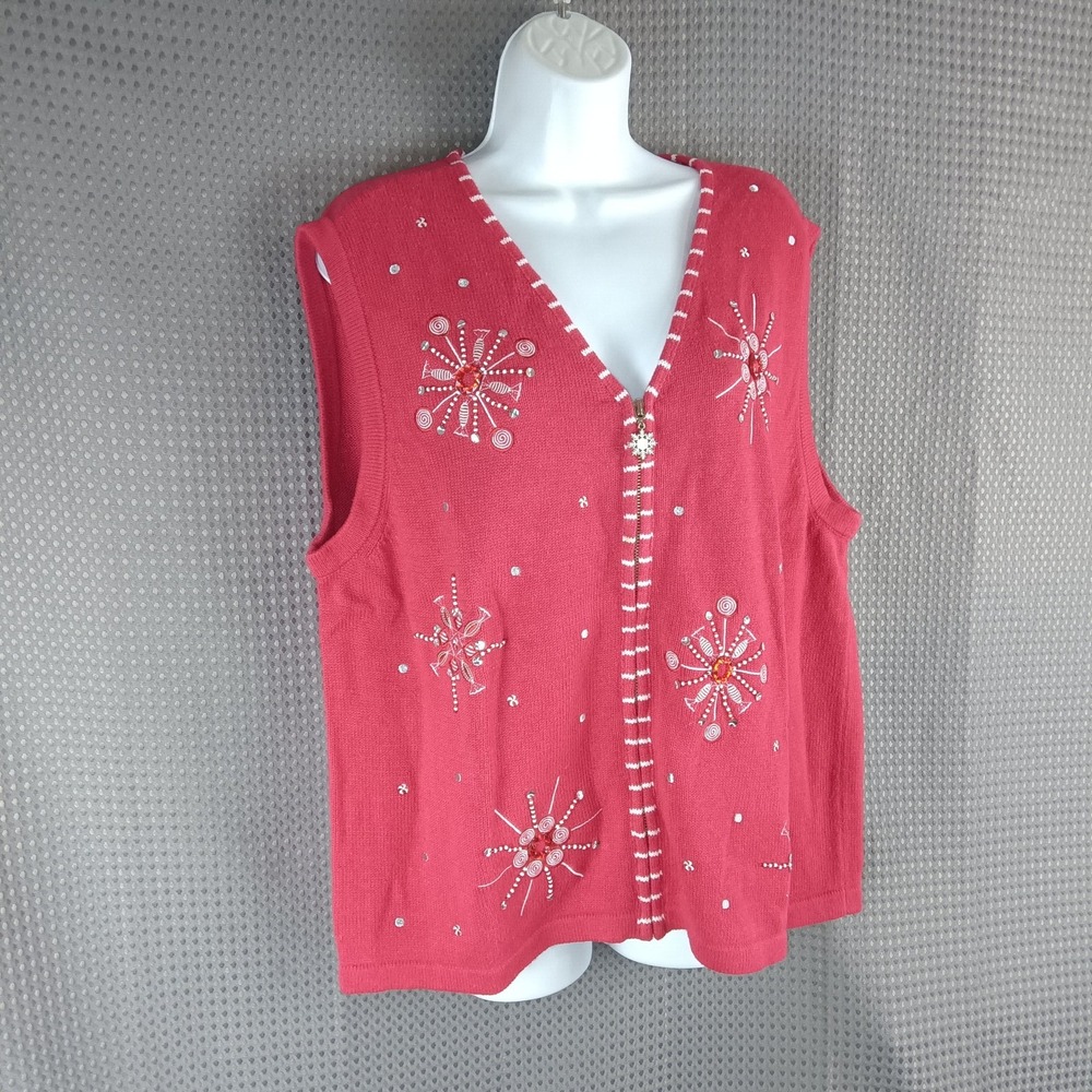Merry & Bright Women's Christmas Vest Snowflake Zipper Front Embellished XL